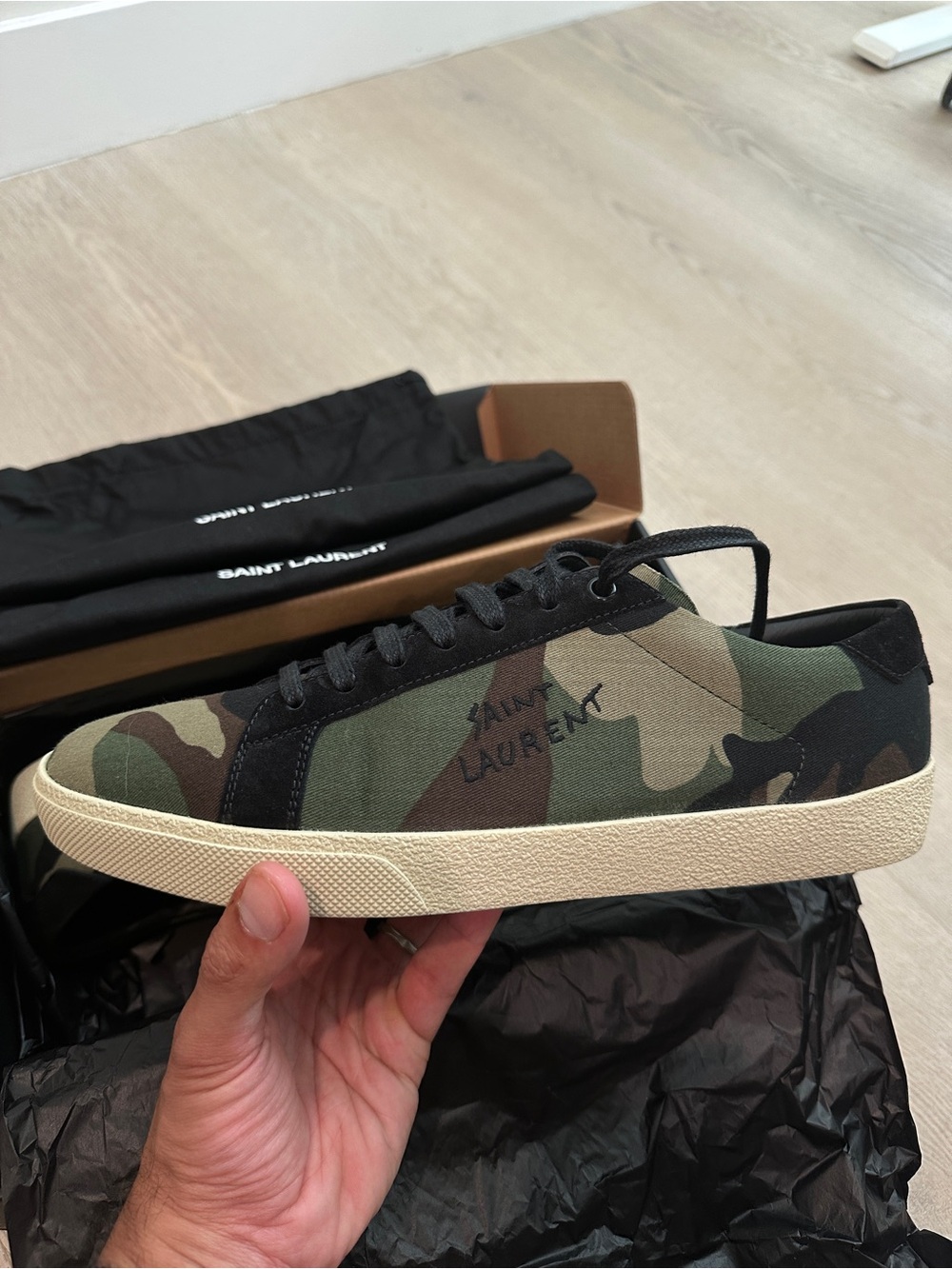 NEW Saint Laurent Camouflage Low-Top Sneaker in Green, Brown, Black - 43